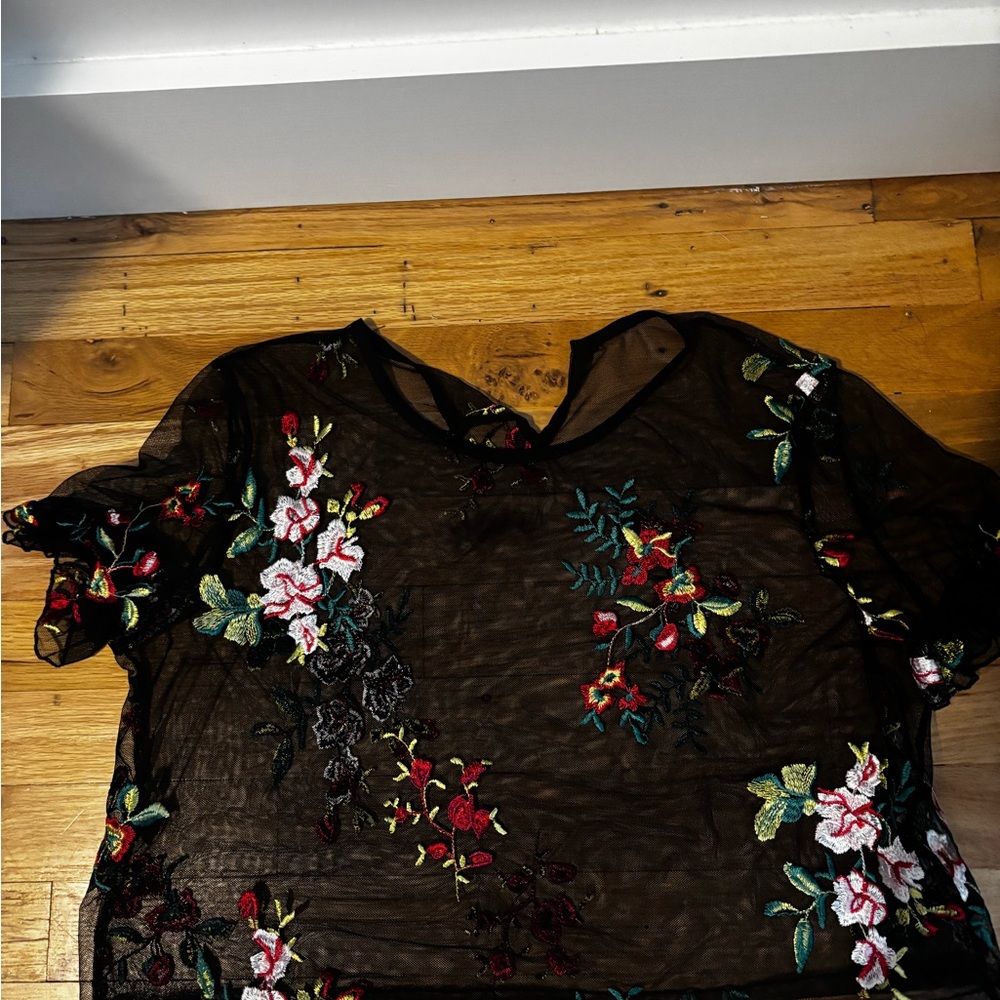 SHEIN Black Sheer Top with Floral Embroidery